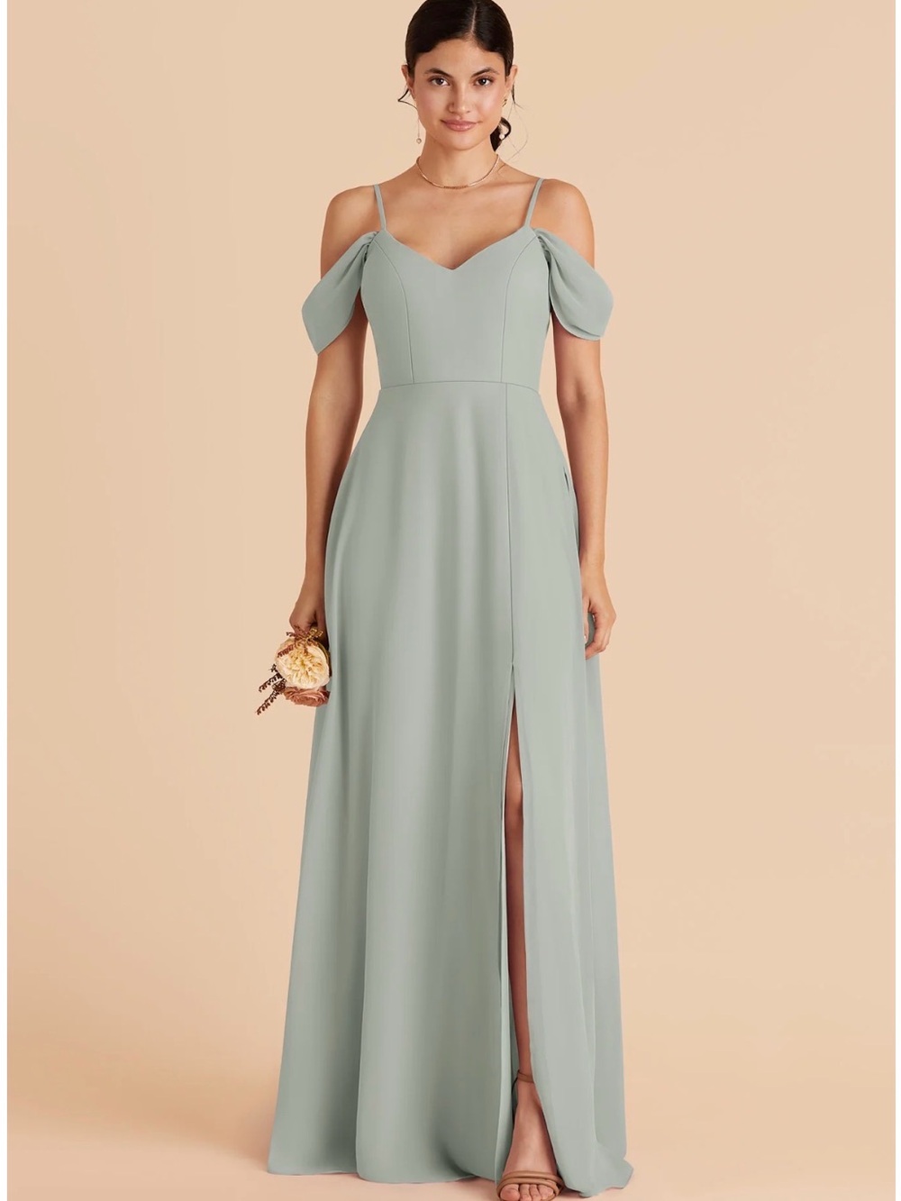 Birdy Grey Devin chiffon - Sage Off-Shoulder Maxi Dress with Front Slit